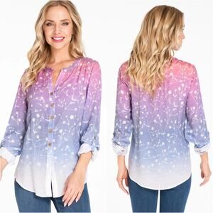 Multiples Medium Women's Ombre Print Button Up Top Roll Tab Sleeves